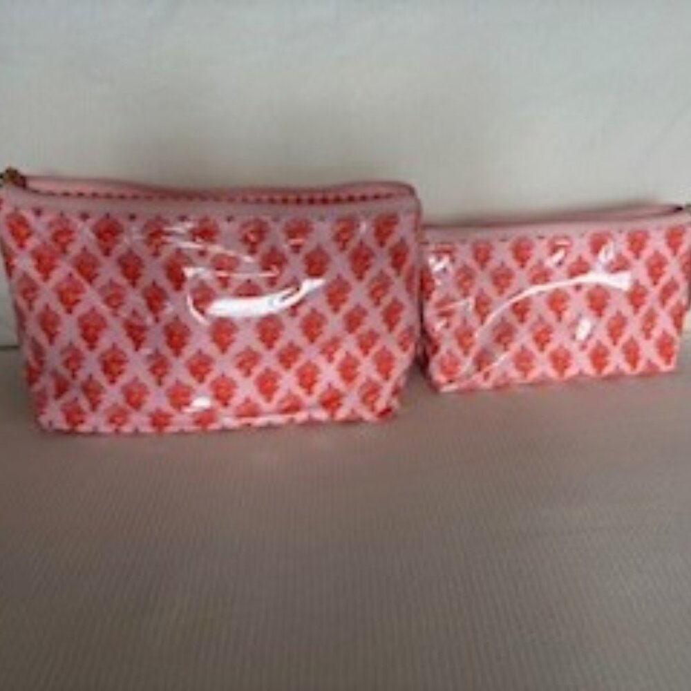 Mark and Graham Clean Coated Travel Pouch, Set of 2- Pink-Orange Block Print